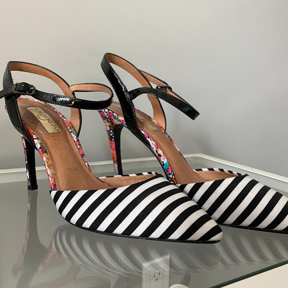 Halogen Slingback Heels: Black & White Striped with Floral